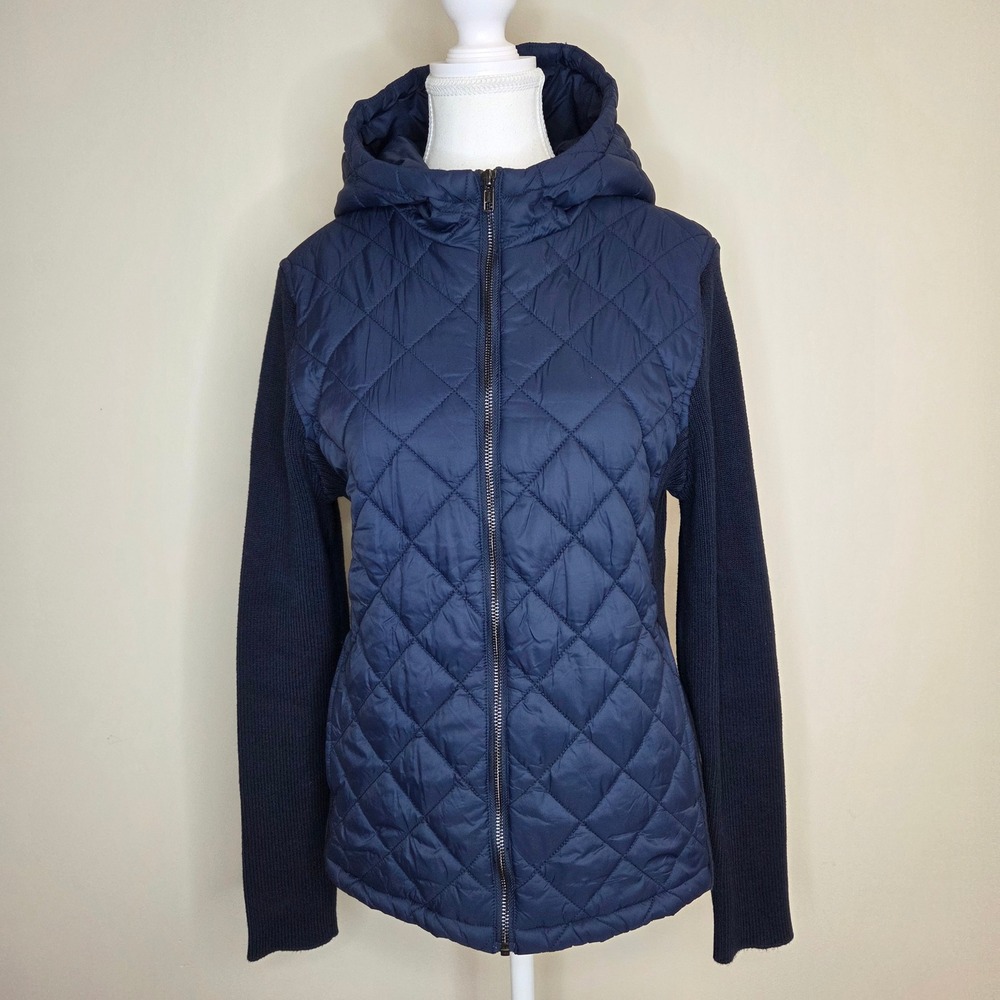 Liverpool Los Angeles Navy Quilted Hybrid Hooded Jacket Ribbed Knit Puffer L